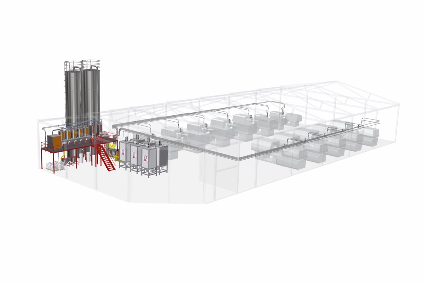 Turnkey hall installation with central drying and material distribution