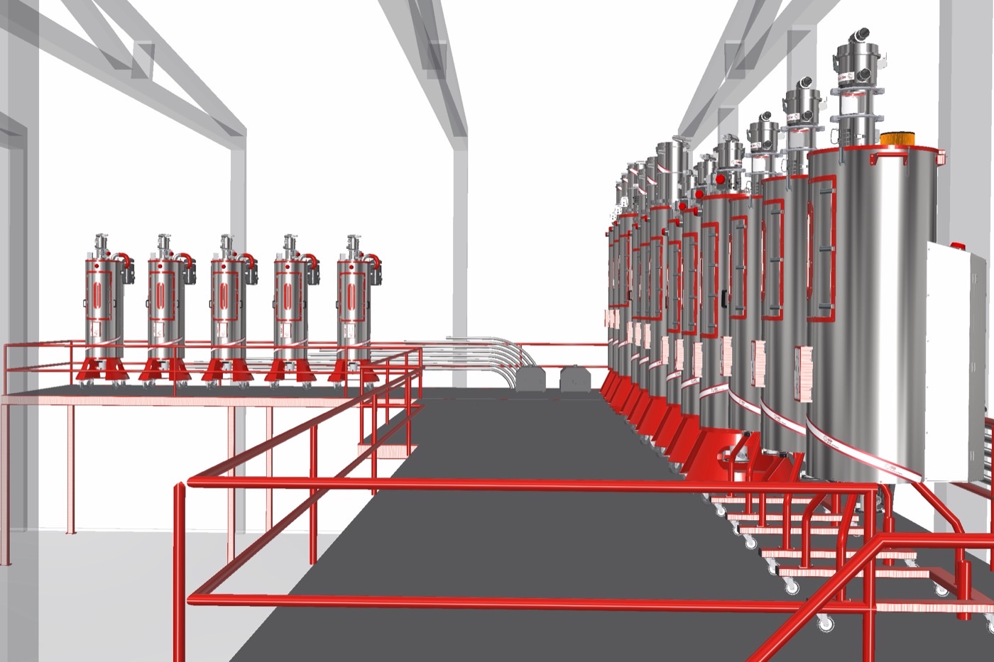 Material platform with silo storage and a row of dryers