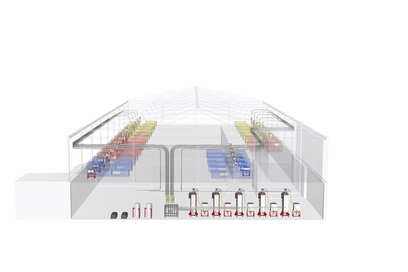 Central loading and drying system shown as a building cross-section