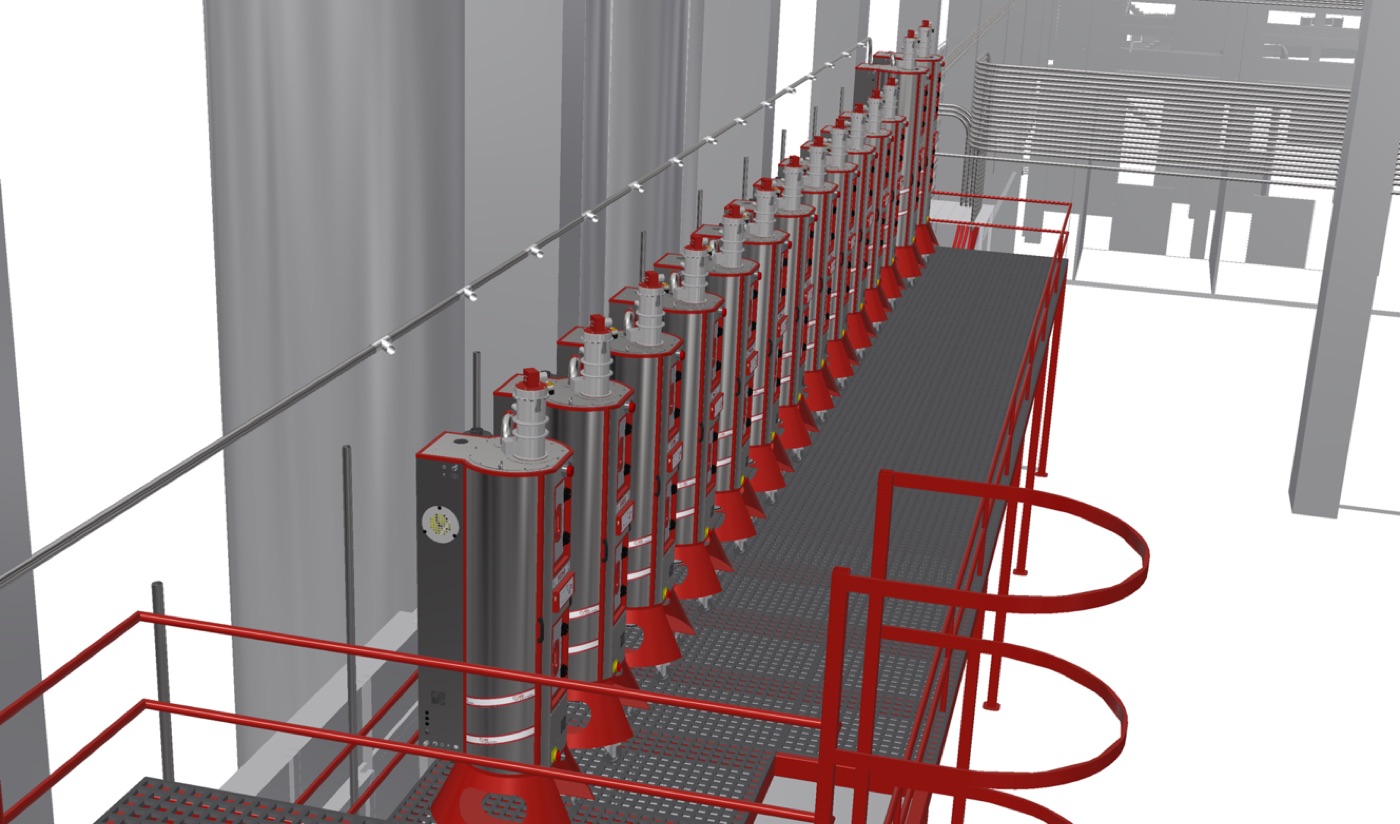 Row of dryers on a central material platform